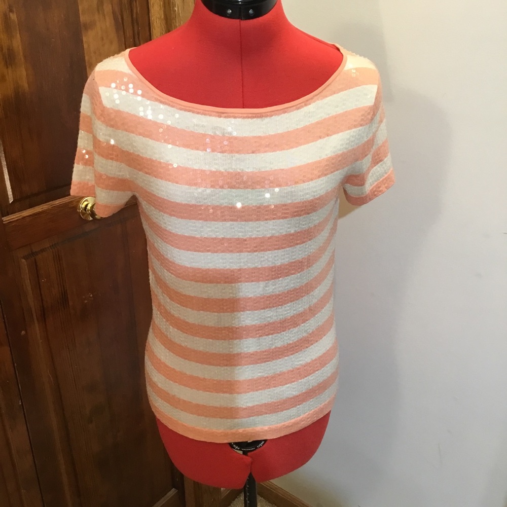 Neiman Marcus Peach and White Striped Sequin Tee, size S, silk/cotton